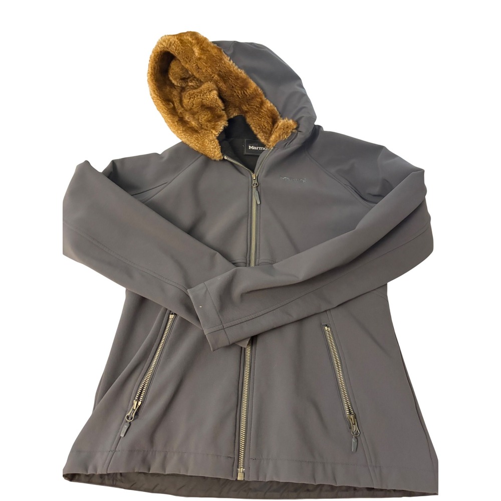 Marmot Softshell Jacket Medium Faux Fur Hood Gray, Outdoor,Winter, Cozy, Fleece